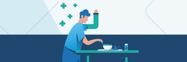 Injured man eating a healthy meal illustration